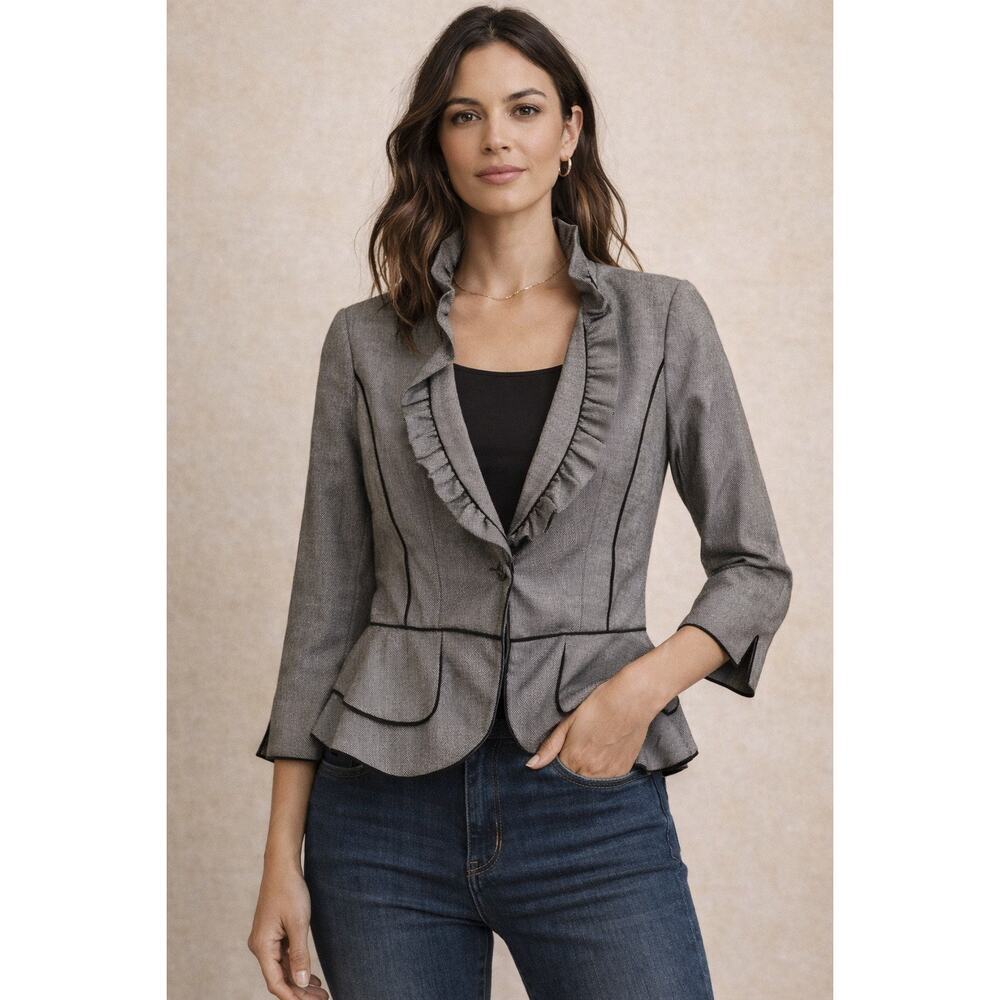 White House Black Market Tailored Peplum Ruffle Black Grey Houndstooth Blazer 8
